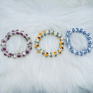 Chinese-Style Ceramic Flower Beaded Bracelet Bundle